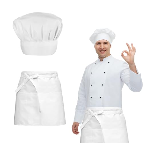 Kochmütze Schürze Set,Verstellbare Kochmütze Latzschürze,Koch Kostüm,Atmungsaktive Backschürze Koch Mütze,Kochhut Hoch Kochschürze Weiß kurz für Männer Frauen für Bäcker Küche Hause Restaurant Hotel
