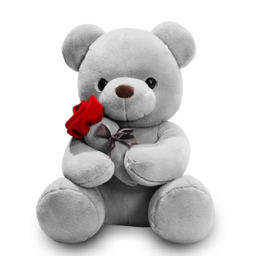 Teddybär, Plüsch-Bär, Teddy mit Rose, 23 cm Teddybären Rose Stofftier Spielzeug Dekozimmer Kissen, Plüschtier Kuscheltier Schmusetier Geschenke für Mama, Kinder Mädchen, Geburtstag, Valentinstag(Grau)