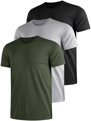 Funktionsshirt Herren Sport T Shirt Kurzarm 3er Pack Atmungsaktiv Männer Tshirt Sportkleidung Workout Schnelltrocknend Sportshirt Funktion Training Laufshirt Grün Grau Schwarz(XL)