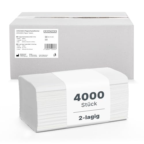 4.000 Papierhandtücher, ARNOMED Handtücher aus Papier in ZZ-Falz, 2-lagiges Hand-Tuch-Papier in Weiß, 25x23cm Tücher Recycelt, 20x200 weiche Papierhandtücher für Spender, Papiertücher, Falthandtücher