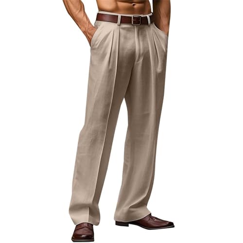 Dünne Jogginghose Herren Sommer Aus Leinen, Hose Mit Bundfalte Herren Gerade Hose Mit Taschen Fitnesshose Weich Bequem Stoffhose Einfarbig Sporthose Strand Streetwear Loose Fit Chinohose