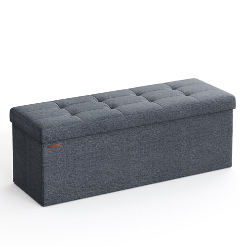 SONGMICS Sitzhocker mit Stauraum, klappbare Sitzbank, 38 x 110 x 38 cm Fußbank, Aufbewahrungsbox, bis 300 kg belastbar, für Wohnzimmer Schlafzimmer Flur, nebelblau LSF077Q01