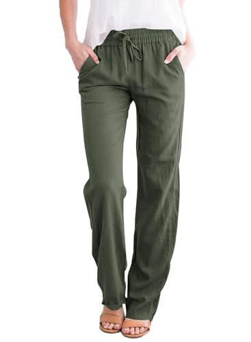 Leinenhose Damen Hose Sommer Musselin Leinen Hosen Stoffhose Einfarbig Freizeithose Gerade Geschnitten Strandhose Sommerhose mit Taschen (Armeegrün, XL)