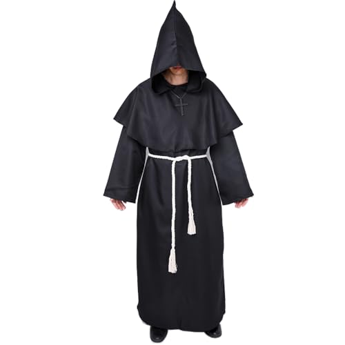 Myir JUN Halloween Kostüm Herren, Faschingskostüm Männer Karneval Kostüm Herren Mittelalterliche Robe mit Kapuze Karnevalskostüm Mittelalter Kleidung Herren (Schwarz, XL)