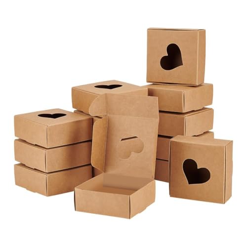 BENECREAT 30 Pack Kraftpapierboxen mit herzförmigem Fenster 7.5x7.5x3cm Geschenkboxen aus Pappe für Schmuck Speicher Display, Hochzeit, Ostern, Muttertag, Vatertag