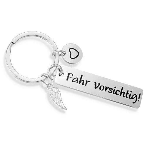 Tyqour Fahr Vorsichtig Schlüsselanhänger Schutzengel Auto Glücksbringer Schlüsselanhänger Edelstahl Führerschein Bestanden Geschenk Führerscheinprüfung für Männer Frauen Ihn Freund Ehemann Vater Papa