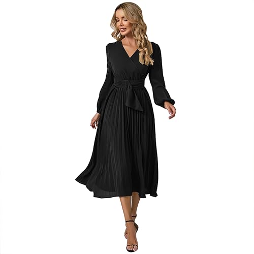 Odizli Herbstkleid Damen Elegant Langarm V-Ausschnitt Wickelkleid Plisseekleid Festlich Hochzeit Hochzeitsgast Lang Abendkleid Herbst Winter Swing Freizeitkleid Winterkleid Sommerkleid Schwarz-A XL