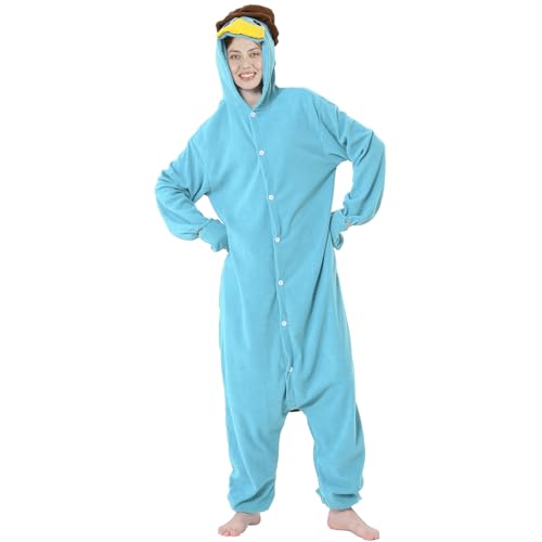 bule l Onesie Kostüm Schlafanzug, Onesie Kostüm Erwachsene mit Kapuze, Tier Jumpsuit Kostüm Erwachsene Cosplay Karneval Halloween Pyjama Weihnachten Party kuschelig Schlafanzüge für Herren Damen