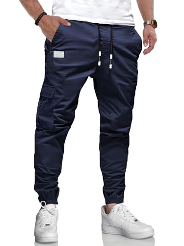 LIUPMWE Herren Hose Chino Cargo Hose Jogginghose Herren Baumwolle Casual Sweatpants Freizeithose Elastische Pants Taille mit Kordelzug Taschen,L,Blau-New