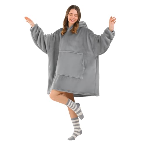 Good Nite Decke mit Ärmeln für Frauen und Männer Sherpa kuscheldecke Tragbare Decken Adult Cosy Sweater Tragbare Warm Decken Übergroßer hoodie mit Taschen Grau （80x85cm）