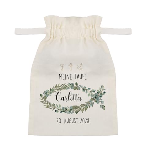 Herz & Heim® Personalisierter Geschenkbeutel für kirchliche Feste – Stoffbeutel mit Name, Datum & Anlass – Baumwollsäckchen für Anlässe wie Kommunion, Konfirmation oder Firmung – Motiv Eukalyptus