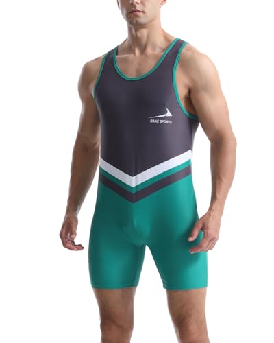Rane Sports Herren-Ringeranzug, eng anliegende Sportbekleidung, einteilig, ärmellos, für Training und Fitnessstudio, Gewichtheben-Bodysuit Grau Weiß Grün M