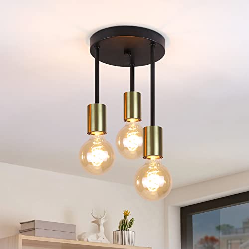 CBJKTX Deckenleuchte Vintage Deckenlampe E27-3 Flammig Retro Küchenlampe Schwarz-Gold mit 3 Spots Flurlampe Industrial Hängend Deckenspots für Schlafzimmer Esszimmer Küche Flur Wohnzimmer Bar