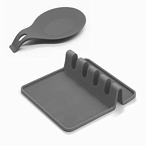 Silikon-Utensilienablage mit Abtropfpad für mehrere Utensilien, große Löffelablage für Schöpflöffel, Pfannenwender, Zange, Gabel – 2er-Set (grau)