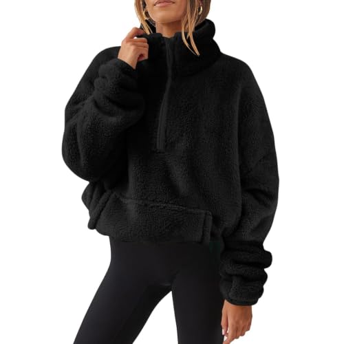 Fleece Pullover Damen mit Viertelreißverschluss Teddyfleece Sweatshirts Winterpullover Warme Kuschel Skipullover 1/4 Zip Teddyjacke Flauschig Winter Fleecepulli Sweatshirt Gepolstert mit Stehkragen