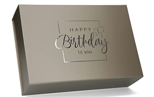 ideas in boxes Premium Geschenkbox Geburtstag, Geschenkkarton, Magnetbox, Magnetfaltbox, Geschenkverpackung für Geburtstag mit Schriftzug, 33x22x10cm, Taupe matt mit Silber