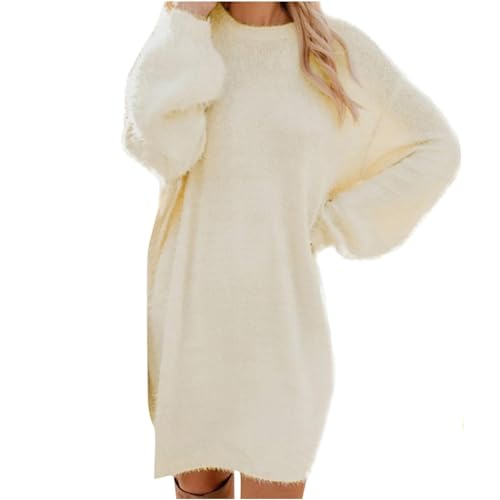 Generisch Pulloverkleid Damen Herbstkleid Langarm Strickkleid Damen Herbst Winterkleid Rundhals Pullover Kleid Elegant Midikleid Einfarbig Freizeitkleid Knielang Knitted Dress Oversize Beige 1 M