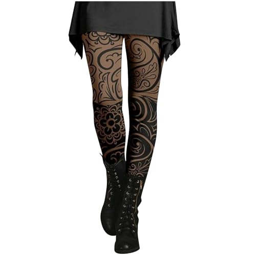 NSICBMNO Leggings in Übergröße für Damen, Blumenmuster, weiche Fitness-Leggings, lange Yogahose, braune Leggings, Sport-Leggings, Laufstrumpfhose, hohe Taille, Stretch-Leggings, Retro-Leggings,