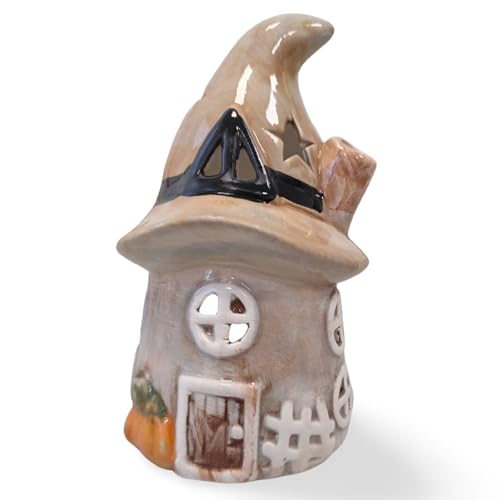 Teelichthaus Herbst Dekohaus aus Dolomit 14 cm hoch – Herbstdeko zum Hinstellen mit Kürbis und Hexenhut – Logbuch-Verlag