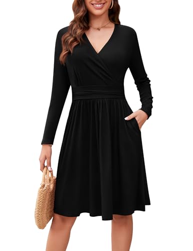 Actcat V-Ausschnitt Pullover Kleid Langarm Casual Kleider Herbst Kleid Damen mit Taschen schwarz Winterkleider Festliche Kleider für Damen weihnachtskleid Herbstkleid Schwarz,M