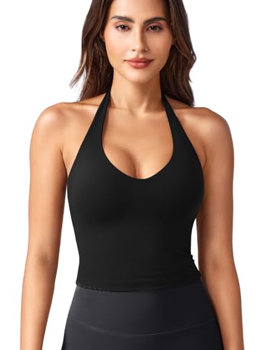 ZAAYO Halter Neckline Tank Top Damen Tiefer V Gepolsterte Crop Top Damen Sommer Basic Sexy Ãrmellose Sommer Oberteile Schwarz S