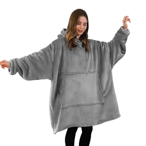 Good Nite Decke mit Ärmeln für Frauen und Männer Sherpa kuscheldecke Tragbare Decken Adult Cosy Sweater Tragbare Warm Decken Übergroßer hoodie mit Taschen Grau （80x85cm）