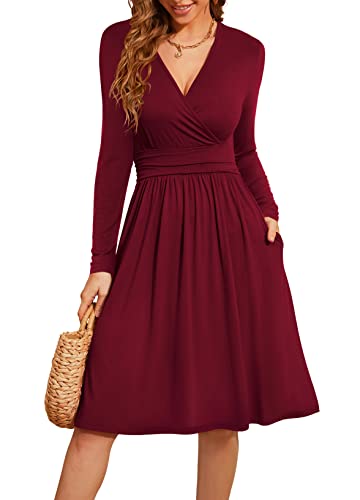 Actcat V-Ausschnitt Pullover Kleid Langarm Casual Kleider Herbst Kleid Floral Party Kleid mit Taschen herbstkleid Damen Winterkleider Damen Festliche Kleider für Damen weihnachtskleid Wine Red,XXL
