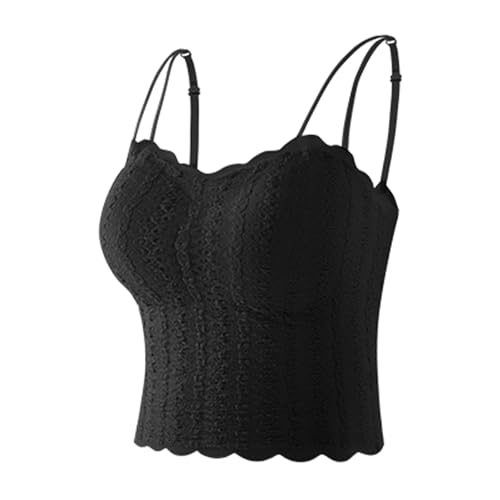 PLUSHCEWT Schwarzes Tank Top Damen Verstellbare Träger & Herausnehmbare Polster Ärmelloses Tanktop mit Spitzenbesatz Perfekt für Alltag, Layering oder Streetwear Bequem & Stilvoll für Casual Looks