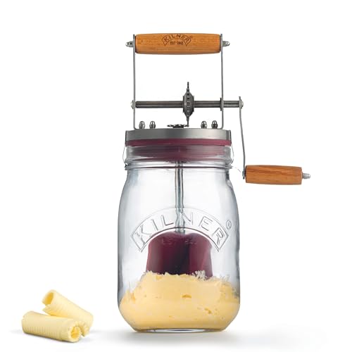 Kilner Butterfass Glas mit Handkurbel, leckere Butter selber machen in nur 10 Minuten, mit Silikonrührer, 1L, inkl. Anleitung und Rezepten, auch für Kräuterbutter, Knoblauchbutter usw., 27 cm hoch