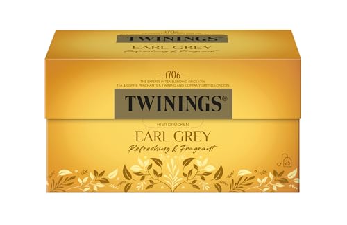 Twinings EARL GREY Schwarzer Tee im Teebeutel verfeinert mit Bergamotte-Aroma - weltbekannt & ausgesprochen erfrischender Schwarztee aus China, 1er Pack (25 Teebeutel)