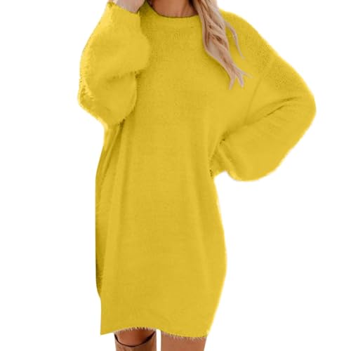Generisch Pulloverkleid Damen Oversize Strickkleid Herbst Winterkleid Locker Longpullover Modische Knielang Wollkleid Langarm Pullis Rundhals Strickpullover Elegante Sweatkleid 1#Gelb M