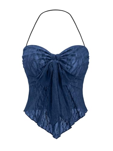 GORGLITTER Damen Crop Top Y2K Neckholder Tops Asymmetrisch Oberteil Trägershirt Transparent Sommer Träger-Top Dunkelblau S