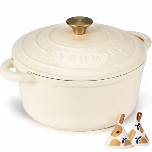 Overmont Bräter Emaille Gusseisen Topf - Schmortopf 26cm backofengeeignet - mit Deckel und Kochbuch - für Küche Backen Schmoren Braten Weiß
