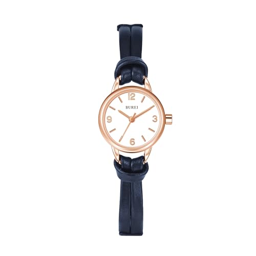 BUREI Mini Uhr Damen Analog Quarz Demenuhr Elegante Armbanduhr Damen mit Lederarmband fur Frauen(Blau)