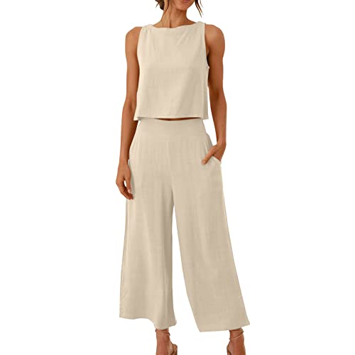 KDEIHT Musselin Hosenanzug Damen Sommer Zweiteiler Tank Top und Hose 2 Teiler Elegant Hosenanzüge Baumwolle Leinen Jogginganzug Elegant Outfit Business Casual Anzug Deals of The Day