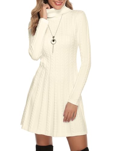 Gyabnw Damen Strickkleid Rollkragen Winterkleid Elegante A-Linie Knielanges Kleid Pulloverkleid Zopfmuster Minikleid Strickpullover für Party Cocktail Freizeit, Aprikose-Rollkragen, S