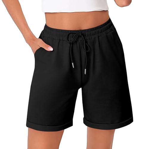 Litherday Shorts Damen Kurze Hose Damen Sporthose Kurz Baumwolle Sport Shorts Sommer Jogginghose Traininghose mit Taschen für Fitness, Running, Gym Schwarz L