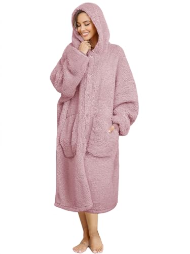 ililmmoe Plüsch Hoodie Decke für Frauen und Männer,Super warme und gemütliche große tragbare Decke Hoodies Homewear,Dicke lose Plüsch Mäntel (DustyPink, One Size)