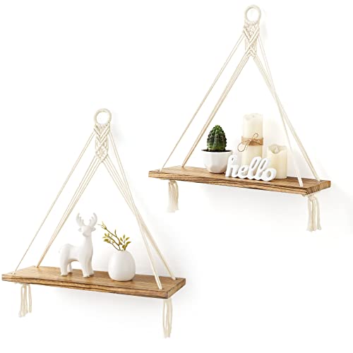 Mkono Makramee Wandregal Holz Regal Boho Deko Hängeregal Baumwollseil Handgewebte Schweberegal Balkon Badezimmer Wohnzimmer Schlafzimmer Kinderzimmer, 2er Set