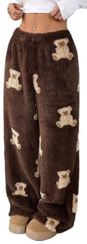 WINKEEY Damen Schlafanzughose Weich Pyjamahose Lang Stretch Drawstring Hosen leopard Freizeithose Flanell Pyjama Damen Weites Bein Hose,Kleiner Bär L