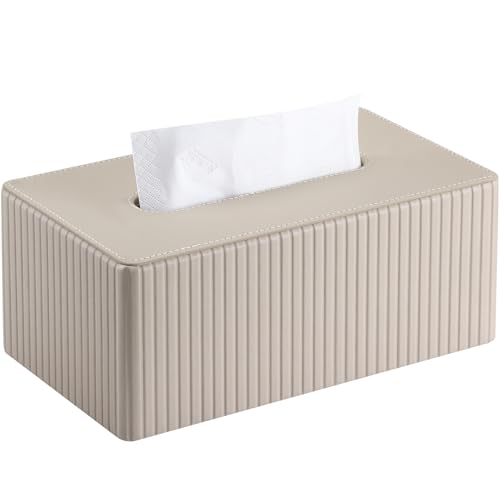 KINGFOM Kosmetiktücherbox Taschentuchbox, Rechteckige Tissue Box Tücherbox für Wohnzimmer, Badezimmer & Büro – Dekorative Taschentücher Box Taschentuchspender aus PU Leder (Beige, Rechteckige)
