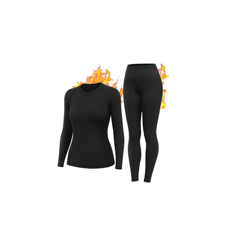 HiZiTi Thermounterwäsche Damen Skiunterwäsche Set Winter Schwarz Funktionsunterwäsche Thermo Unterwäsche Ski Damen Extra Warm Atmungsaktive Thermowäsche mit Thermounterhose Thermounterhemd Langarm S