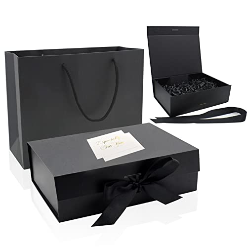 CIOUYAOS Geschenkbox mit Deckel, Groß Schwarz Faltbare Gift Box Set mit Füllmaterial , Papiertüten und 2 Grußkarten, Geschenkverpackung für Weihnachten Hochzeit Geburtstag Geschenke Valentinstag