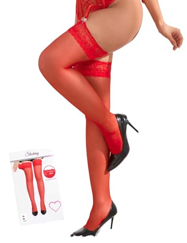 comeondear Halterlose Strümpfe Weihnachten Rot für Damen xxl Sexy Nylonstrümpfe Große Größen Spitze Strapsen Strümpfe Rutschfestem Silikonstreifen Overknees Oberschenkel High Stockings Rot,L-XXL