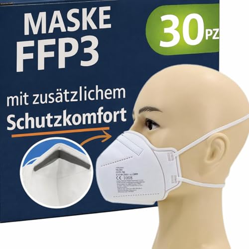 medicinadellavoro.com 30 FFP3 mit Gummibändern Mund- und Nasenschutz Maske mit, 5 lagige Maske ohne Ventil, Staub- und Partikelschutzmaske, Medizinische Schutzmaske mit Hoher PFE>99%, 30 Stück