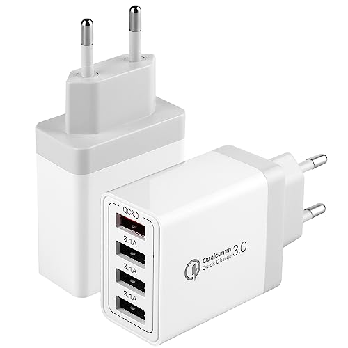 2 Stück 33W 4-Ports USB Ladegerät mit Intelligent QC 3.0 Schnellladegerät Mehrfach Ladestecker USB Netzteil für Samsung Galaxy S21 S10 S9 S8 A51, iPhone, iPad, HTC, Motorola, LG und viele mehr