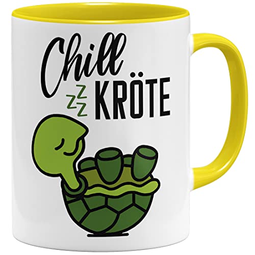 OM3® witzige Tasse mit Spruch - Faule Chill Kröte Schildkröte | Keramik Becher | 11oz 325ml | Beidseitig Bedruckt | Gelb