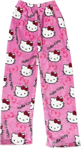 SASMOIYUG Pyjama Hose Damen, Flanell Schlafanzug Damen lang Set, Pyjamas Hose Weich Kawaii Anime Bequeme Warme Pyjamas Schlafhose Set Home Herbst-Winter Pyjama Hose (L,pink)