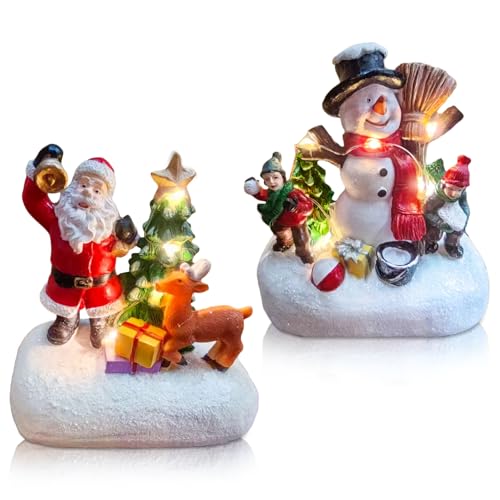 Weihnachtsdeko Weihnachtsdorf mit Beleuchtung Weinachtsdekorationen Zubehör 2 Stück Harz Weihnachten Mini Ornamente Set Miniatur Garten Figuren Weihnachtsmann Schneemann Mini Figuren (A)
