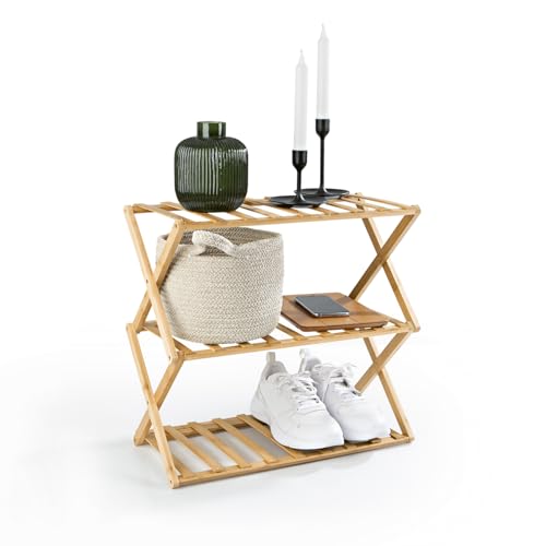Lumaland Bambusregal 3 Etagen, klappbar | Bambus Organizer – ideal als Schuhregal, im Badezimmer & als Küchenregal | Regal für Deko – platzsparend & montagefrei | 50 x 25 x 46 cm